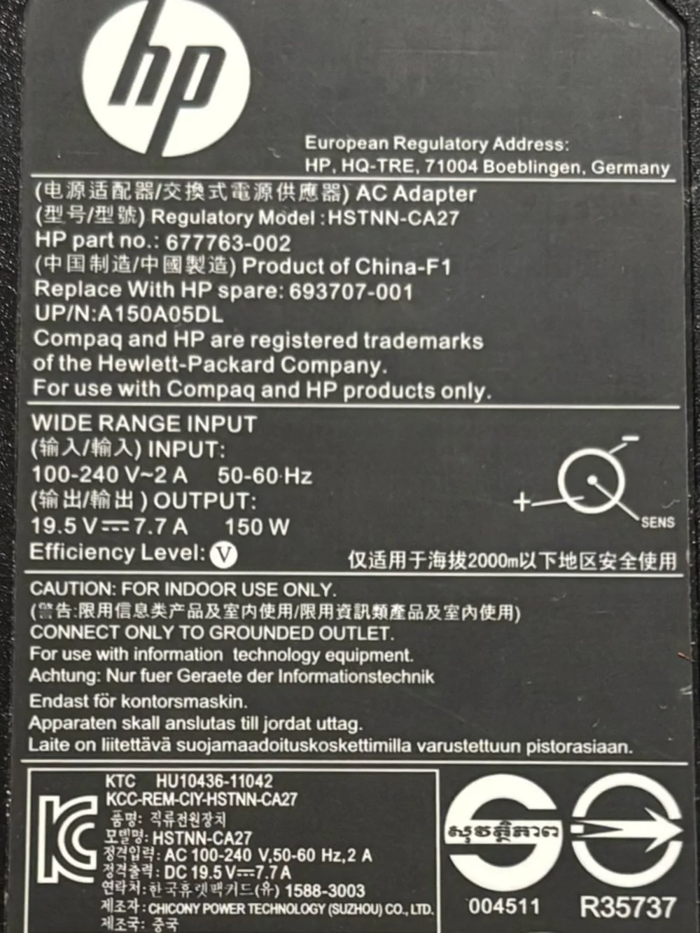 Genuine HP 150W AC Adapter Charger HSTNN-CA27 693707-001 Slim Laptop Power Cord